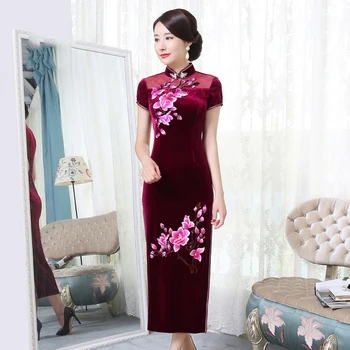 Vezenje Cvetlični Velur Seksi Cheongsam Ženske Qipao Obleke Letnik Gumb Velikosti Vestidos Dolgo Večer Stranka Obleke