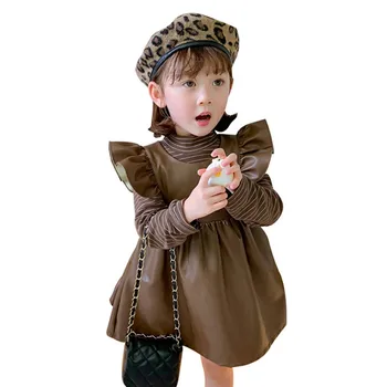 Jesen Pomlad Nov Prihod Dekleta Usnje Moda Obleko Otroci Ruffles Telovnik Obleke Malčka Dekle Obleko Suspender