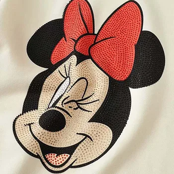 Disney Elegantna Moda Minnie Mouse Risanka Tiskanja Diamanti Appliques Harajuku Sladko Ženske Jopice Dolg Rokav Svoboden Zgornji Deli Oblacil Ženske