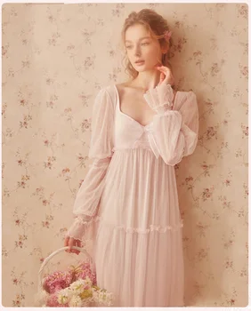 Brezplačna Dostava 2019 Nova Princesa Bela in Roza Dolgo Pižame Čipke Nightgown Žensk Modal Sleepwear Ženske pijamas femininos