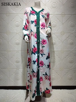 Siskakia Jalabiat Elegantne Bele Vrtnice Natisni Trak V Vratu Dolgimi Rokavi, Oblačila Hidžab Obleka Ženske Dubaj Arabski Turčija, Muslimani Jalabiya 2020
