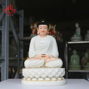 32 CM Velika - visoko-kakovostni Domači Dvorani učinkovita Talisman Maskota Budistični Buda Sakyamuni belega jade gilding Kiparstvo kip