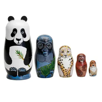 5Pcs/Set Panda Tiger Živali Lesene ruske Gnezdenje Lutke Ročno Matryoshka Igrača