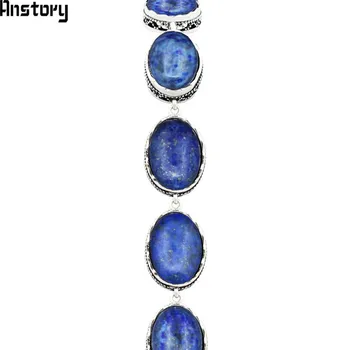 Naravni Ovalne Lapis Lazuli Zapestnica Za Ženske Letnik Antique Silver Plated Roža Obesek Modni Nakit Stranka Darilo TB276