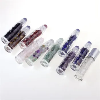10pcs Naravnih Poldragi Kamni Eterično Olje Gemstone Roller Ball Steklenice Transparentno Steklo 10 ml Zdravljenje Kristalno Žetonov Znotraj