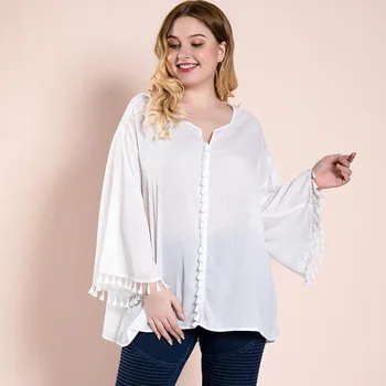 Ženski pomlad jesen plus velikost vrhovi za žensko bluzo velik dolg rokav priložnostne svoboden šifon O neck majica bele 4XL 5XL 6XL 7XL