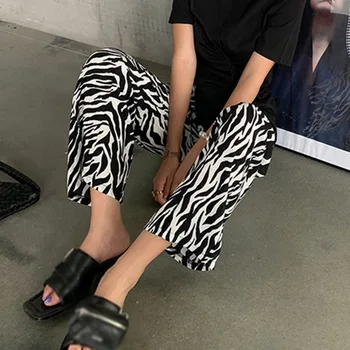 Ženske Mid-vitka Tanke Zebra Vzorec Divje Zavesa Zbiranjem Hlače Modni Priložnostne Svoboden Široko noge Hlače