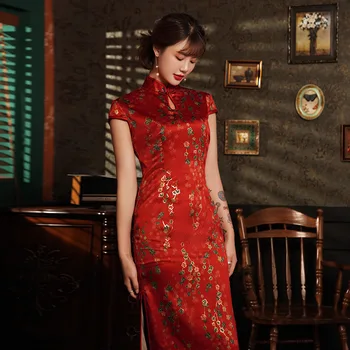 Nova Rdeča Rajon Kratek Kitajske Tradicionalne Ženske Qipao Letnik Orientalske Ženske Cheongsam Novost Kitajski Formalno Obleko S - 5XL