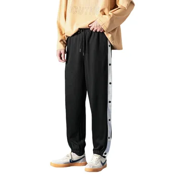 Trendovska blagovna znamka stražar hlače, zapeto hlače, stran sponke športne hlače, moške ohlapne hlače priložnostno, strani gumbov, košarka kravato hlače