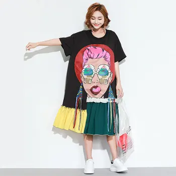 [XITAO] Poletje 2019 Koreja Moda za Ženske Svoboden Draped Mozaik Znak Kratek Rokav O-vratu se Ujemajo z Vsemi Kolena-dolžina Obleko ZQ1220