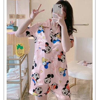 Korejski Pajama Nastavite Mickey Risanka Saten Pižamo Risanka Poletje Ženska Oblačila Kawaii Svileno Pižamo Proti-Vrat Spanja Nositi Roza