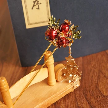 Stari slog Hanfu Rdeča granatno jabolko cvet Dolgo Tassel headdress Klasične Pribor za Lase Antike Ostra Korak shake Cosplay