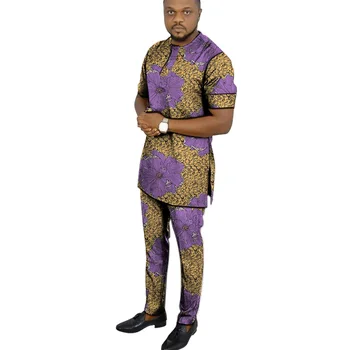 Afriške Tiskanje Majice+Hlače za Moške Set Oblačila Kratek Rokav Vrhovi Obliž Hlač Nigerijski Obleke Moški poročni Nositi po Meri