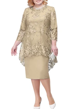 Plus Velikost Večerno Obleko 2020 Eleganten Čipke Cape Čaj Dolžina Večer Halje Za Ženske 3/4 Rokav Dva Kosa, Formalno Stranko robe