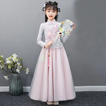 Dekleta Čipke, Vezenine Cheongsam Obleko Baby Princesa Obleko Poročno Teens Stranka Vestidos Dekleta Cvetlični Kitajsko Novo YearClothing