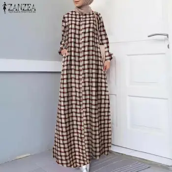 Modna Ženska Muslimanskih Dubaj Maxi Obleko ZANZEA Jeseni Dolg Rokav Kariran Preverite Dolgo Sundress Plus Velikost oblačila Hidžab Obleke Haljo tam kaftan