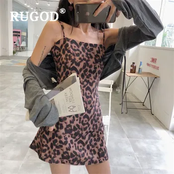 RUGOD Leopard Letnik Elegantna Mini Obleka za Ženske Kvadratnih Ovratnik brez Rokavov Ženski Sundresses Elegantno Seksi ženska Oblačila