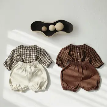 2021 Pomlad Novih Otroci Baby Dekleta Fantje Obleko, Obleko, Bombažna Oblačila, ki Malček Kariran Priložnostne Majice Trdna Kratke Hlače 2pcs Set