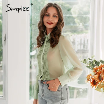 Simplee Elegantno trdna čipke delo žensk bluzo Priložnostne šifon dolgo puff sleeve majica Pomlad jesen fashion river gumb bluzo