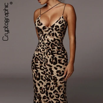 Kriptografske 2020 Pomlad Leopard Brez Rokavov Seksi Proti-Vrat Midi Obleka Ženske Modni Ulične Klub Stranka Trakov Bodycon Obleke