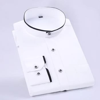 Moške Priložnostne Standard-Fit Dolgo Rokav Trak-Ovratnik Shirt En Obliž Žep Eleganten Modni Beli Delo Urada Osnovne Obleko Majice