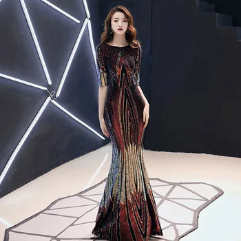 Proti-vrat Večerno Obleko 2020 Tiste Večerne Obleke Za Ženske Pol Rokav Haljo De Soiree morska deklica Formalno Halje Cheongsam 4XL