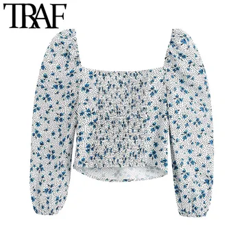 TRAF Ženske Modni Cvjetnim Tiskanja Odrezana Vintage Bluze tričetrt Rokav Nazaj Stretch Ženske Majice Blusa Elegantna Vrhovi