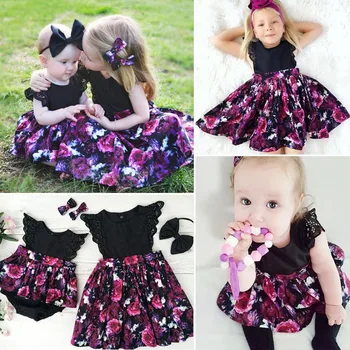 Vroče Toddelr Otroci Baby Dekleta Sestra Ujemanje Cvetlični Jumpsuit Romper Obleko Obleke Set