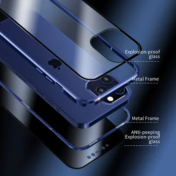 Kovinski Magnetni Anti-Peeping Primeru Telefon za iPhone 12 Pro Max 11 XS Max 6 7 8 Plus X XR SE 2020 Dvojno Stranicami Stekla Nazaj Kritje