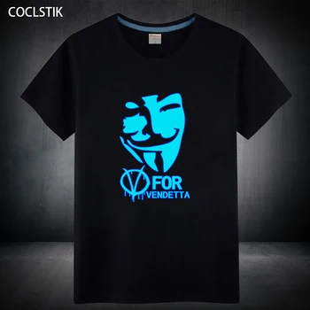 Bombaž Chilrens/Moške SummerV za Vendetta Kratek T-Shirt Modra Fluorescentna Temno Svetlobna Tshirts Moški Ulične Tops S-5XL