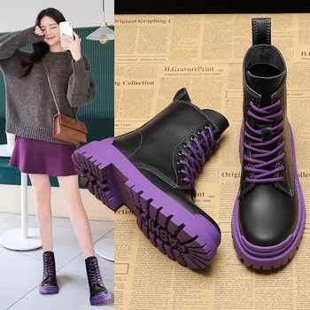 Jeseni Mode Močen Ženska, Čevlji Z Visoko Peto Platformo Split Usnje Škornji Zimski Črnega Vojaške Botas Mujer Dekleta