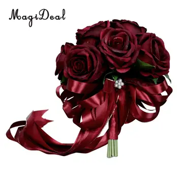 MagiDeal Romantično Rose Cvet Poroka Poročni Šopek Roko Držite Cvet Rdeče Vino