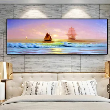 Ladja Na Morju Jadrnico Val Oljna slika na Platnu Plakatov in Fotografij Cuadros Wall Art Slike Za dnevno Sobo