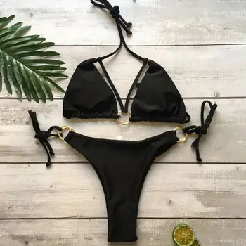 2pcs Ženske Trdna Strappy Push-up Brazillian Bikini Komplet Kopalk Modrc Povoj Kopalke, kopalke