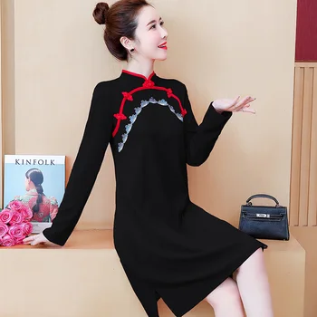 2020 Nov Modni Kitajski Cheongsam Ženske Obleke Črno Rdeče Barve, Dolg Rokav Vintage Cvet Vezenje Stranka Obleko Qipao Qi Pao