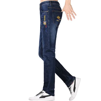 Moške Jeans, Moda za Casual Kavbojke moški Vezenje Raztezanje Noge Naravnost Zgostitev Bombaž Mehčanje мужские джинсLoose Jeans, Moda