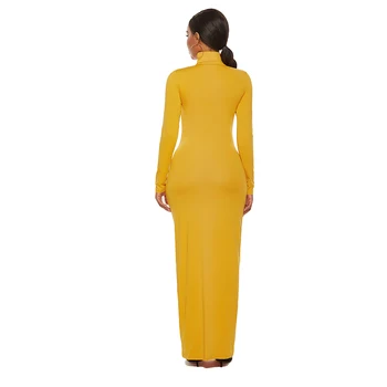 Plus Velikost Jeseni Trdna Priložnostne Slim Bodycon Paket Hip Maxi Obleko 2020 Dolg Rokav Turtleneck Stretchy Dolga Obleka Ženske Vestidos
