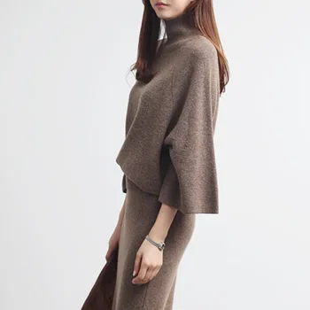 Korejska različica jeseni obleko pleteno obleko svoboden rokav glavo plašč Turtleneck Pulover + tassel split vrečko krilo ženske