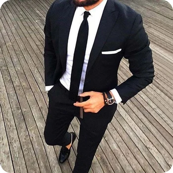 Koničast Načrt Black Moške Obleke za Poslovni Človek Jopič Hlače 2Piece Suknjič Hlače Terno Masculino Slim Fit Kostum Homme Mariage