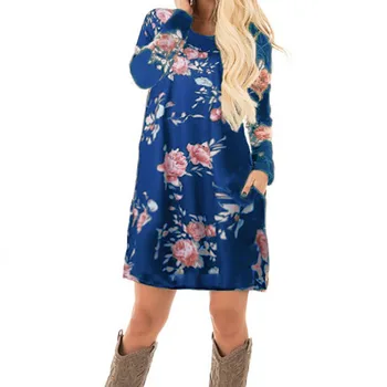 Ženske obleke Jeseni Hladno Ramo Cvetlični Sončnično Natisnjeni Obleko z Dolgimi Rokavi Mini Elegantna Svoboden Priložnostne Plus Velikost Obleko Bombaž GV845