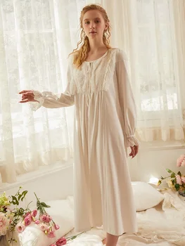 Vintage Vezenje Bombaž Žensk Dolgo Nightgowns Luksuzni Royal Pricess Svoboden More Elegantno Jeseni, Spomladi Dolgo Obleko Nighty
