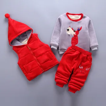 Baby Girl Boy Božič Oblačila Sklop Zimski Modni Otroci Fantje Zgostitev Toplo Runo Oblačila Hooded Vrhovi Telovnik Hlače 3Pcs Malčka Obleke