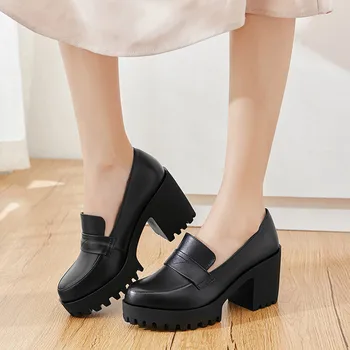 DRFARGO 2020 Čevlji Ženske Platformo Črpalke 8 cm Kvadrat Pete Visoko Vamp Silp na Črno Obleko Čevlje Pravega Usnja Zapatos velikost 41