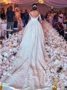 2021 Nove Luksuzne Dolg Rokav Obleke Žogo Poročno Obleko Iluzijo Vrh Pearl Beaded Čipke Poročne Obleke Vestido De Mariage