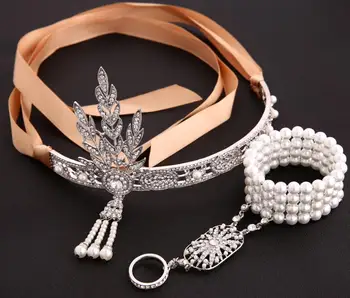 Ženske Veliki Gatsby Trakovi pearl Ring Set naglavni del Zaklopnica Fancy Stranka Kostum Opremo Poroka Poročni Tiara naglavni del