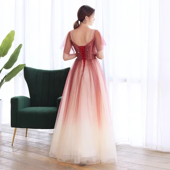 SSYFashion Nove Luksuzne Večerno Obleko Banket Elegantno Vino Rdeče Gradient Barve Beading Dolgo Formalno Maturantski Obleki Vestidos De Fiesta