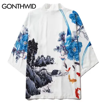 GONTHWID Peony Cvetje Koi Krap Ribe za Tiskanje Japonski Kimono Jopico Majice, Vrhovi, Mens Priložnostne Odpri Prednji Jopiči, Plašči za Ulične