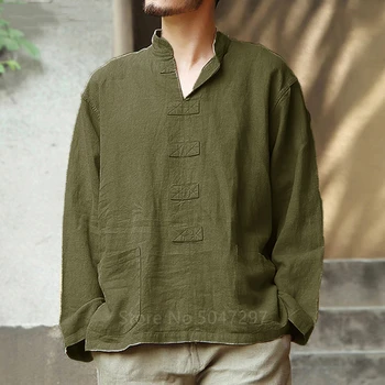 5XL Bombaž Perilo Majica Moški Priložnostne Long Sleeve Vintage 2020 Barva Vrhovi Žepi Camisa Kitajski Slog Mens Majice Hanfu
