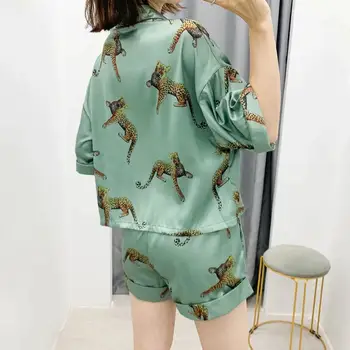 Nov poletni ženske dva kosa iz leopard natisnjeni pajama slog mehko kratek vrhovi bluzo & natisnjeni priložnostne ohlapne hlače