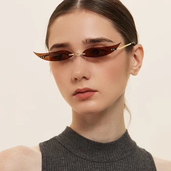 Peekaboo ženske zlato kovinska sončna očala brez okvirjev ozkih strankarskih opreme rimless 2021 dame sončna očala mačka oči zelena rdeča seksi